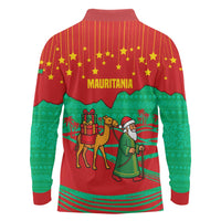 Mauritania Christmas Long Sleeve Polo Shirt with Santa Claus Camel Gift Boxes Starry Sky and Desert Pattern Design - Wonder Print Shop