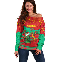 Mauritania Christmas Off Shoulder Sweater with Santa Claus Camel Gift Boxes Starry Sky and Desert Pattern Design - Wonder Print Shop