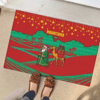 Mauritania Christmas Rubber Doormat with Santa Claus Camel Gift Boxes Starry Sky and Desert Pattern Design - Wonder Print Shop