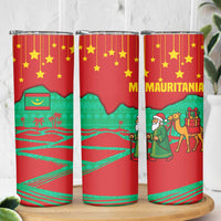 Mauritania Christmas Skinny Tumbler with Santa Claus Camel Gift Boxes Starry Sky and Desert Pattern Design - Wonder Print Shop