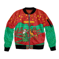 Mauritania Christmas Sleeve Zip Bomber Jacket with Santa Claus Camel Gift Boxes Starry Sky and Desert Pattern Design - Wonder Print Shop