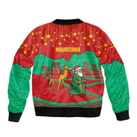 Mauritania Christmas Sleeve Zip Bomber Jacket with Santa Claus Camel Gift Boxes Starry Sky and Desert Pattern Design - Wonder Print Shop