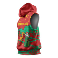 Mauritania Christmas Sleeveless Hoodie with Santa Claus Camel Gift Boxes Starry Sky and Desert Pattern Design - Wonder Print Shop
