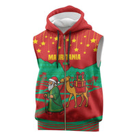 Mauritania Christmas Sleeveless Zip Hoodie with Santa Claus Camel Gift Boxes Starry Sky and Desert Pattern Design - Wonder Print Shop