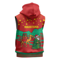 Mauritania Christmas Sleeveless Zip Hoodie with Santa Claus Camel Gift Boxes Starry Sky and Desert Pattern Design - Wonder Print Shop