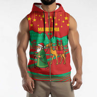 Mauritania Christmas Sleeveless Zip Hoodie with Santa Claus Camel Gift Boxes Starry Sky and Desert Pattern Design - Wonder Print Shop
