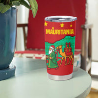 Mauritania Christmas Tumbler Cup with Santa Claus Camel Gift Boxes Starry Sky and Desert Pattern Design - Wonder Print Shop