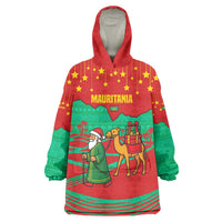 Mauritania Christmas Wearable Blanket Hoodie with Santa Claus Camel Gift Boxes Starry Sky and Desert Pattern Design - Wonder Print Shop