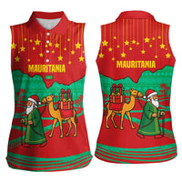 Mauritania Christmas Women Sleeveless Polo Shirt with Santa Claus Camel Gift Boxes Starry Sky and Desert Pattern Design - Wonder Print Shop
