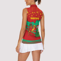 Mauritania Christmas Women Sleeveless Polo Shirt with Santa Claus Camel Gift Boxes Starry Sky and Desert Pattern Design - Wonder Print Shop