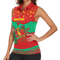 Mauritania Christmas Women Sleeveless Polo Shirt with Santa Claus Camel Gift Boxes Starry Sky and Desert Pattern Design - Wonder Print Shop