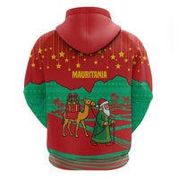 Mauritania Christmas Zip Hoodie with Santa Claus Camel Gift Boxes Starry Sky and Desert Pattern Design - Wonder Print Shop