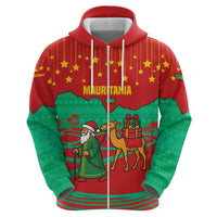 Mauritania Christmas Zip Hoodie with Santa Claus Camel Gift Boxes Starry Sky and Desert Pattern Design - Wonder Print Shop