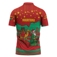 Mauritania Christmas Zipper Polo Shirt with Santa Claus Camel Gift Boxes Starry Sky and Desert Pattern Design - Wonder Print Shop