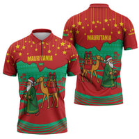 Mauritania Christmas Zipper Polo Shirt with Santa Claus Camel Gift Boxes Starry Sky and Desert Pattern Design - Wonder Print Shop