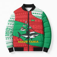 Mauritania Christmas Bomber Puffer Jacket with Santa Sharks Festive Fish Pattern and Red Green Holiday Design - Wonder Print Shop