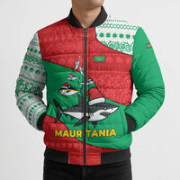 Mauritania Christmas Bomber Puffer Jacket with Santa Sharks Festive Fish Pattern and Red Green Holiday Design - Wonder Print Shop