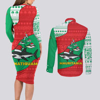 Mauritania Christmas Couples Matching Long Sleeve Bodycon Dress and Long Sleeve Button Shirt with Santa Sharks Festive Fish Pattern and Red Green Holiday Design - Wonder Print Shop