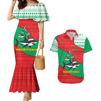 Mauritania Christmas Couples Matching Mermaid Dress and Hawaiian Shirt with Santa Sharks Festive Fish Pattern and Red Green Holiday Design - Wonder Print Shop