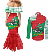 Mauritania Christmas Couples Matching Mermaid Dress and Long Sleeve Button Shirt with Santa Sharks Festive Fish Pattern and Red Green Holiday Design - Wonder Print Shop