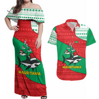 Mauritania Christmas Couples Matching Off Shoulder Maxi Dress and Hawaiian Shirt with Santa Sharks Festive Fish Pattern and Red Green Holiday Design - Wonder Print Shop