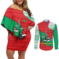 Mauritania Christmas Couples Matching Off Shoulder Short Dress and Long Sleeve Button Shirt with Santa Sharks Festive Fish Pattern and Red Green Holiday Design - Wonder Print Shop