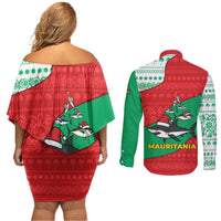Mauritania Christmas Couples Matching Off Shoulder Short Dress and Long Sleeve Button Shirt with Santa Sharks Festive Fish Pattern and Red Green Holiday Design - Wonder Print Shop
