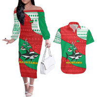 Mauritania Christmas Couples Matching Off The Shoulder Long Sleeve Dress and Hawaiian Shirt with Santa Sharks Festive Fish Pattern and Red Green Holiday Design - Wonder Print Shop