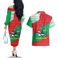 Mauritania Christmas Couples Matching Off The Shoulder Long Sleeve Dress and Hawaiian Shirt with Santa Sharks Festive Fish Pattern and Red Green Holiday Design - Wonder Print Shop