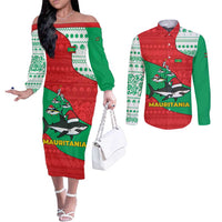 Mauritania Christmas Couples Matching Off The Shoulder Long Sleeve Dress and Long Sleeve Button Shirt with Santa Sharks Festive Fish Pattern and Red Green Holiday Design - Wonder Print Shop