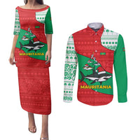 Mauritania Christmas Couples Matching Puletasi and Long Sleeve Button Shirt with Santa Sharks Festive Fish Pattern and Red Green Holiday Design - Wonder Print Shop