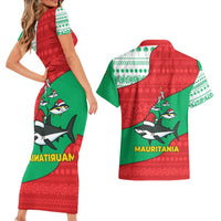 Mauritania Christmas Couples Matching Short Sleeve Bodycon Dress and Hawaiian Shirt with Santa Sharks Festive Fish Pattern and Red Green Holiday Design - Wonder Print Shop