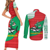 Mauritania Christmas Couples Matching Short Sleeve Bodycon Dress and Long Sleeve Button Shirt with Santa Sharks Festive Fish Pattern and Red Green Holiday Design - Wonder Print Shop