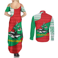 Mauritania Christmas Couples Matching Summer Maxi Dress and Long Sleeve Button Shirt with Santa Sharks Festive Fish Pattern and Red Green Holiday Design - Wonder Print Shop
