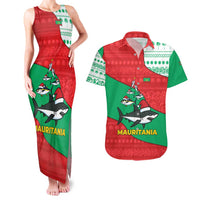 Mauritania Christmas Couples Matching Tank Maxi Dress and Hawaiian Shirt with Santa Sharks Festive Fish Pattern and Red Green Holiday Design - Wonder Print Shop