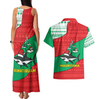 Mauritania Christmas Couples Matching Tank Maxi Dress and Hawaiian Shirt with Santa Sharks Festive Fish Pattern and Red Green Holiday Design - Wonder Print Shop