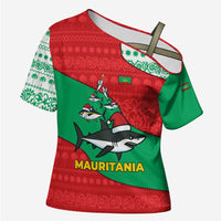 Mauritania Christmas Cross Shoulder Shirt with Santa Sharks Festive Fish Pattern and Red Green Holiday Design - Wonder Print Shop