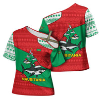 Mauritania Christmas Cross Shoulder Shirt with Santa Sharks Festive Fish Pattern and Red Green Holiday Design - Wonder Print Shop