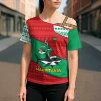 Mauritania Christmas Cross Shoulder Shirt with Santa Sharks Festive Fish Pattern and Red Green Holiday Design - Wonder Print Shop