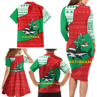Mauritania Christmas Family Matching Long Sleeve Bodycon Dress and Hawaiian Shirt with Santa Sharks Festive Fish Pattern and Red Green Holiday Design - Wonder Print Shop