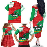 Mauritania Christmas Family Matching Off The Shoulder Long Sleeve Dress and Hawaiian Shirt with Santa Sharks Festive Fish Pattern and Red Green Holiday Design - Wonder Print Shop