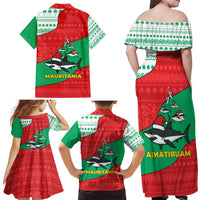 Mauritania Christmas Family Matching Off Shoulder Maxi Dress and Hawaiian Shirt with Santa Sharks Festive Fish Pattern and Red Green Holiday Design - Wonder Print Shop