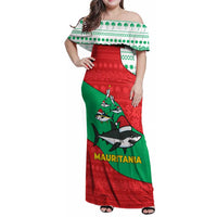 Mauritania Christmas Family Matching Off Shoulder Maxi Dress and Hawaiian Shirt with Santa Sharks Festive Fish Pattern and Red Green Holiday Design - Wonder Print Shop