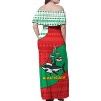 Mauritania Christmas Family Matching Off Shoulder Maxi Dress and Hawaiian Shirt with Santa Sharks Festive Fish Pattern and Red Green Holiday Design - Wonder Print Shop