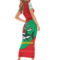 Mauritania Christmas Family Matching Short Sleeve Bodycon Dress and Hawaiian Shirt with Santa Sharks Festive Fish Pattern and Red Green Holiday Design - Wonder Print Shop