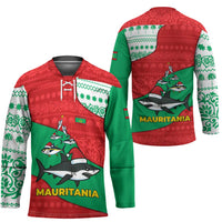 Mauritania Christmas Hockey Jersey with Santa Sharks Festive Fish Pattern and Red Green Holiday Design - Wonder Print Shop
