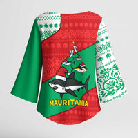Mauritania Christmas Kimono Sleeve Blouse with Santa Sharks Festive Fish Pattern and Red Green Holiday Design - Wonder Print Shop