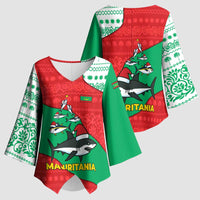 Mauritania Christmas Kimono Sleeve Blouse with Santa Sharks Festive Fish Pattern and Red Green Holiday Design - Wonder Print Shop