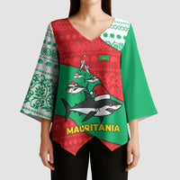 Mauritania Christmas Kimono Sleeve Blouse with Santa Sharks Festive Fish Pattern and Red Green Holiday Design - Wonder Print Shop
