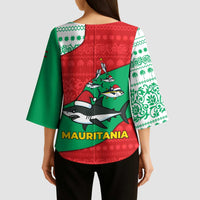 Mauritania Christmas Kimono Sleeve Blouse with Santa Sharks Festive Fish Pattern and Red Green Holiday Design - Wonder Print Shop
